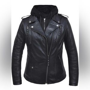 Ladies Leather Jacket with Hoodie
